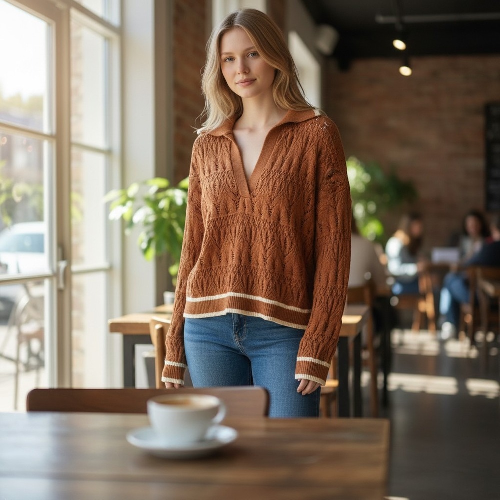 Target Rust Brown Pointelle Knit Polo Crop Sweater Med Cotton V-Neck Cream Trim